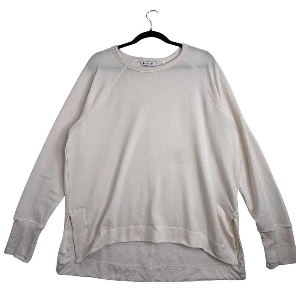 Athleta Women's Cream Long Sleeve Sweatshirt Thumbholes Size L Raglan Fleece